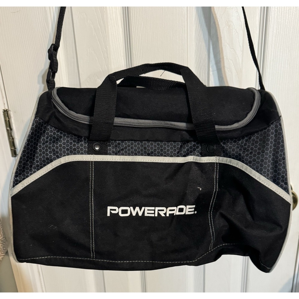 Powerade Black and Gray Gym Duffle Bag Handles and Strap Zip Closure